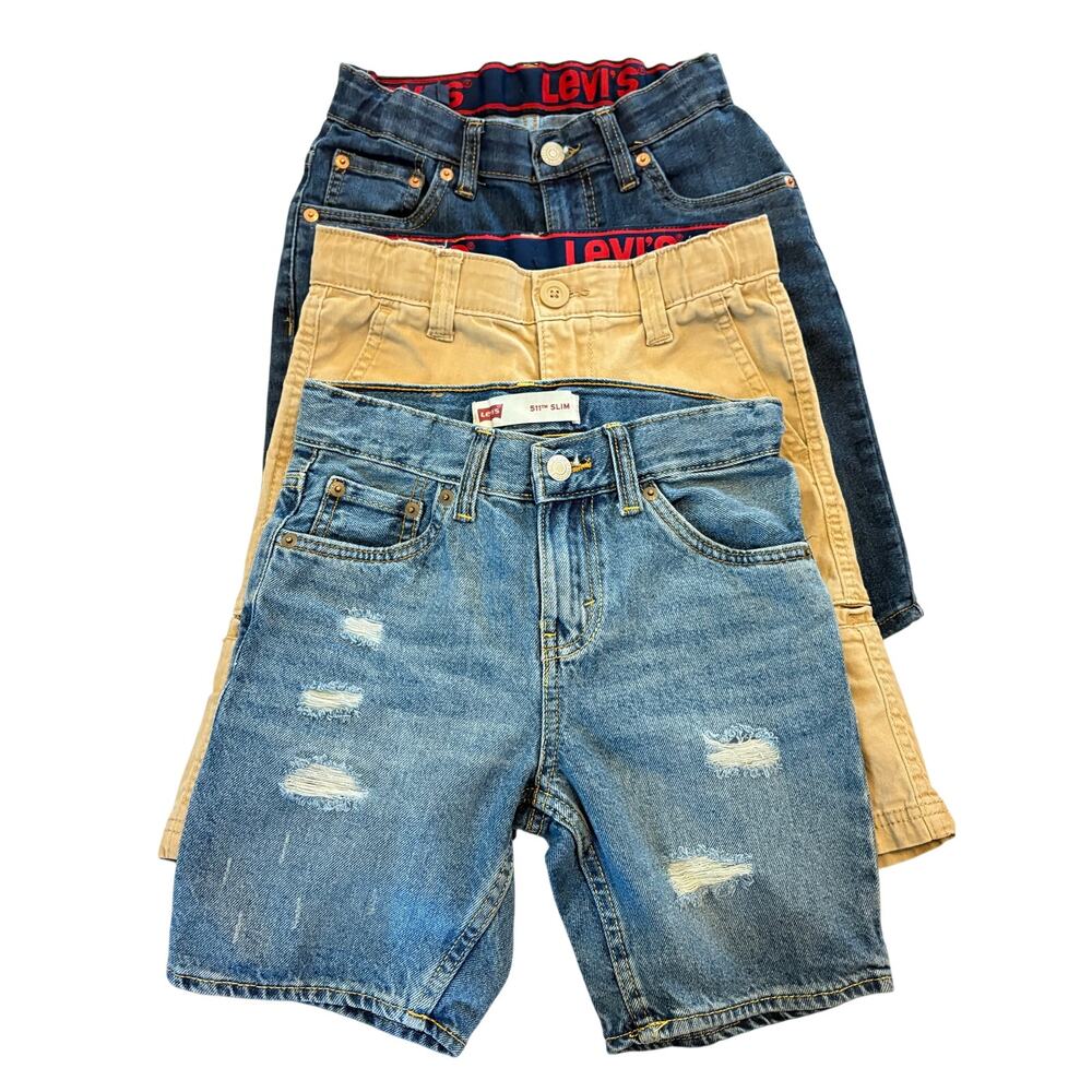 Lot of 3 Levi’s Boys Shorts Size 8 Light & Dark Denim Tan Cargo Adjustable Waist
